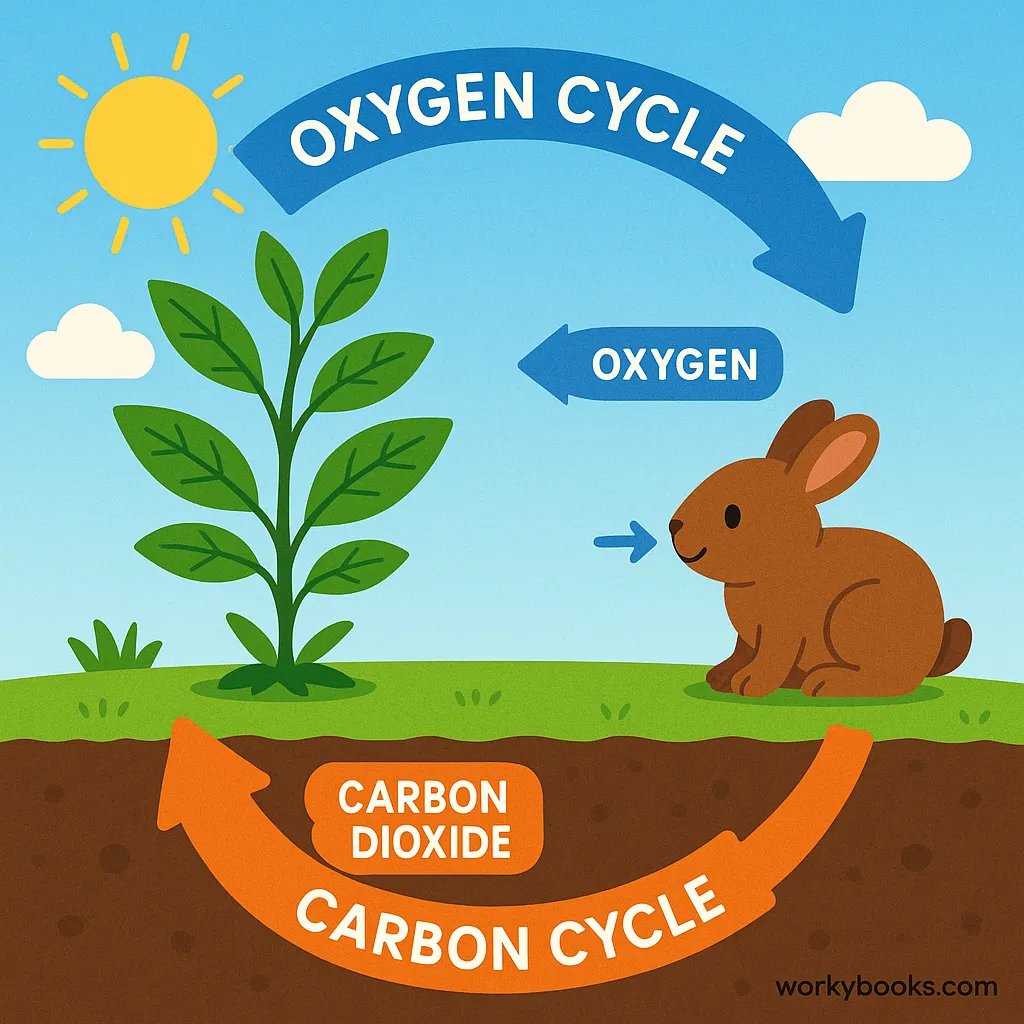 interconnected oxygen and carbon cycles. Arrows show plants using carbon dioxide to produce oxygen through photosynthesis, and animals using oxygen to produce carbon dioxide through respiration